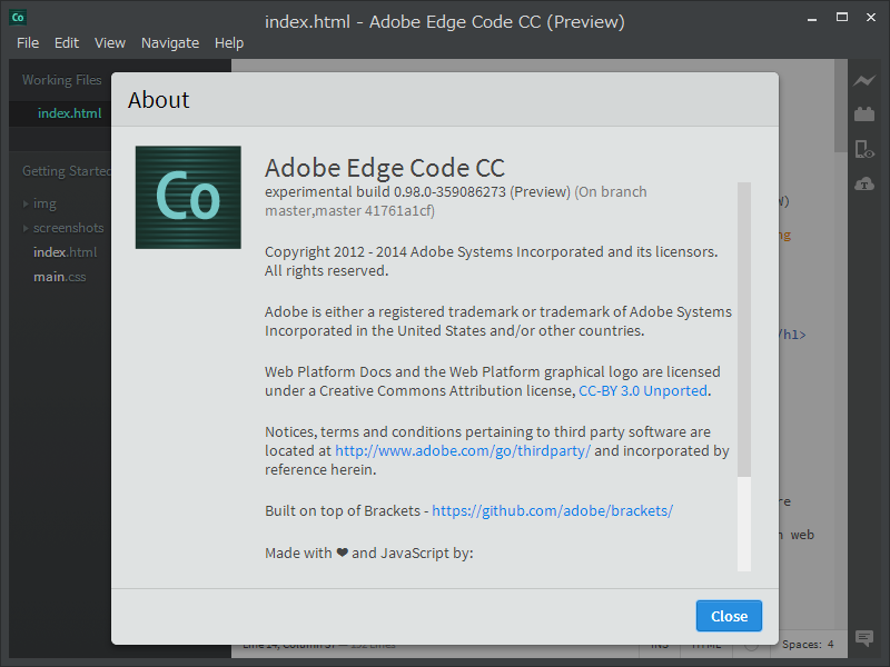 「Adobe Edge Code CC」experimental build 0.98.0-359086273