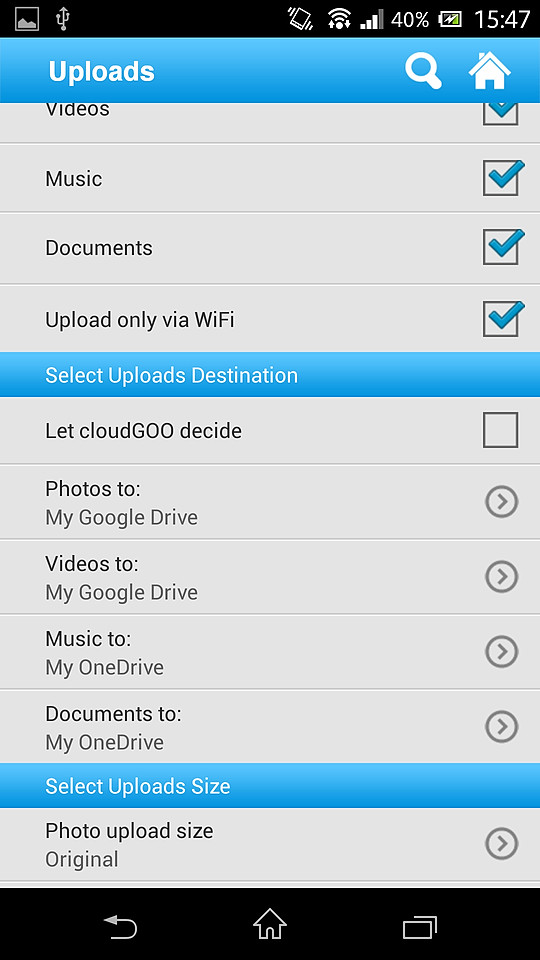 “Let cloudGOO decide”のチェックボックスをOFFにすれば、ファイルの種類ごとに保存先のオンラインストレージを指定できる
