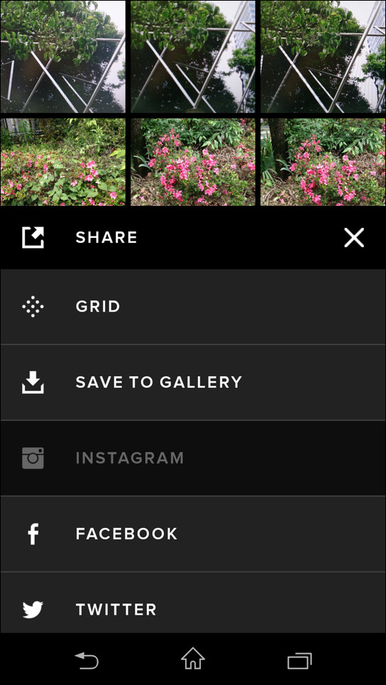 TwitterやFacebookに写真を投稿したり、端末内に写真を保存することなどができる