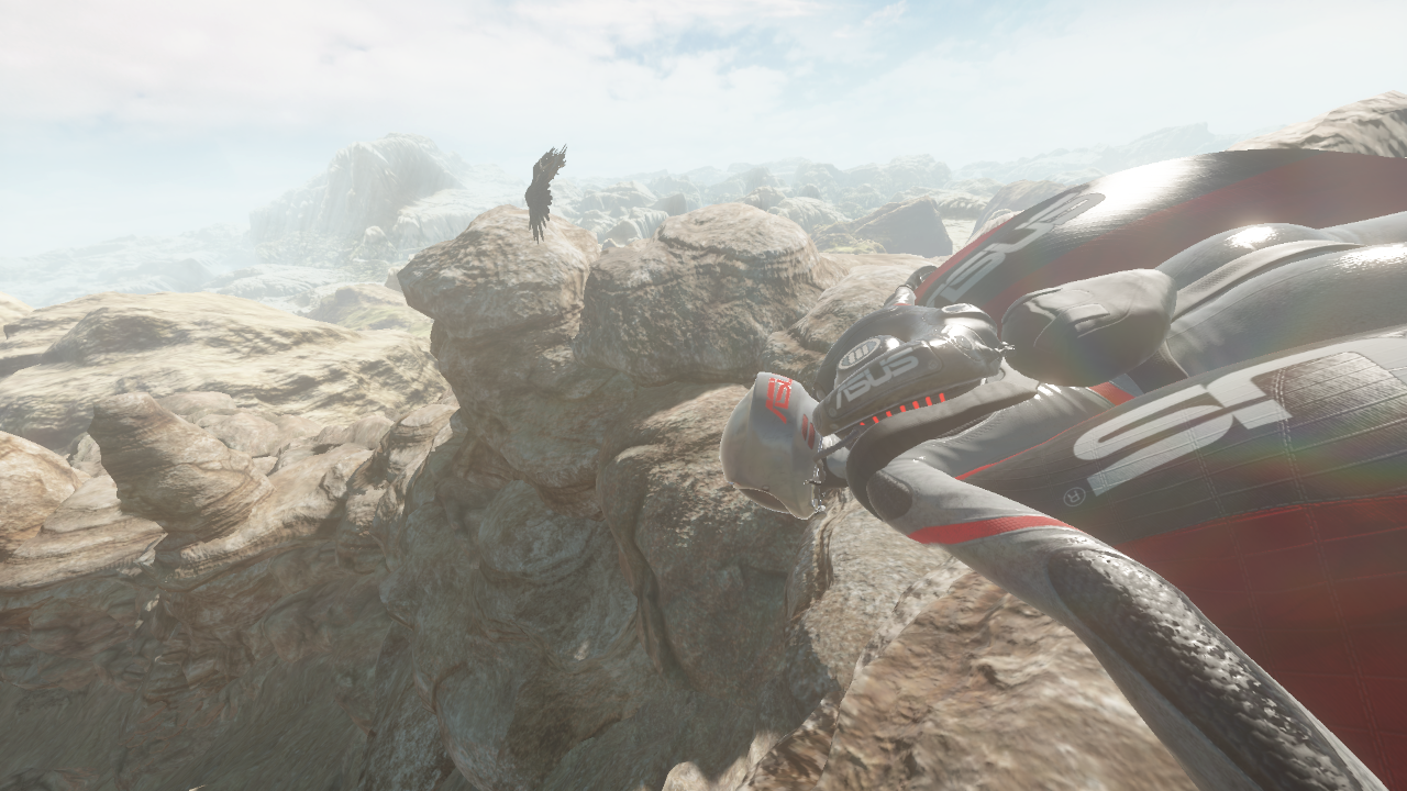 “Sky Diver”のデモ。ボディスーツを身につけた女性がスカイダイビングで舞い降りた先にあったのは謎の遺跡。さっそく彼女はその中の探索を開始するが……というストーリー仕立てになっている