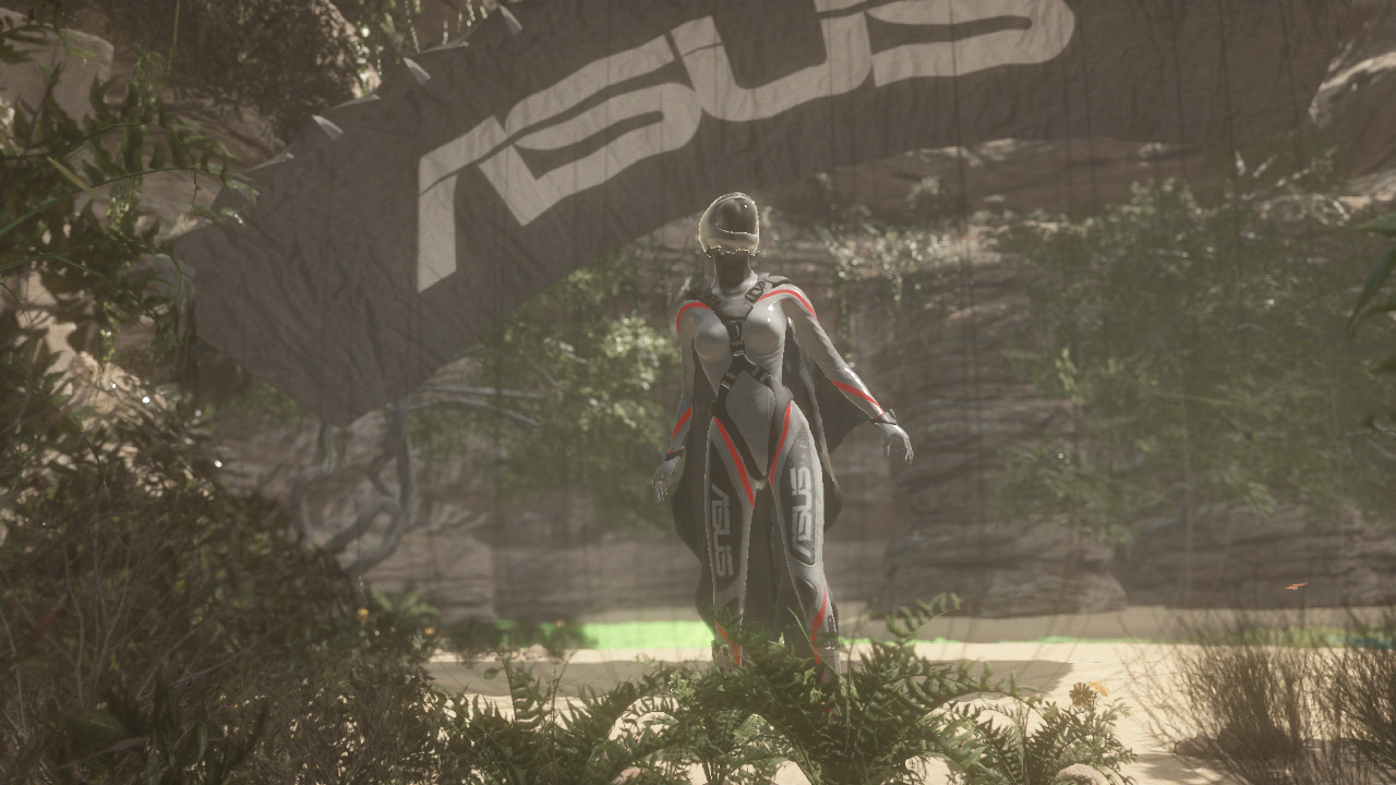 “Sky Diver”のデモ。ボディスーツを身につけた女性がスカイダイビングで舞い降りた先にあったのは謎の遺跡。さっそく彼女はその中の探索を開始するが……というストーリー仕立てになっている