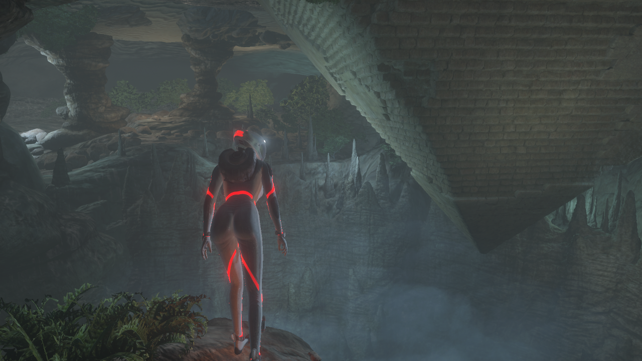 “Sky Diver”のデモ。ボディスーツを身につけた女性がスカイダイビングで舞い降りた先にあったのは謎の遺跡。さっそく彼女はその中の探索を開始するが……というストーリー仕立てになっている