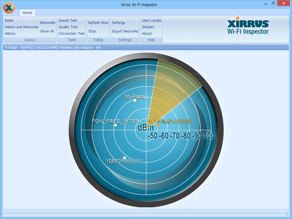 ［Radar］画面。アクセスポイントの電波強度や利用しているチャンネルの重複が一目で把握できる