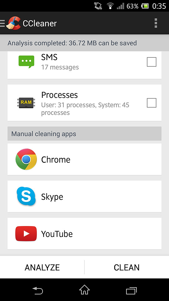 ［Manual cleaning apps］項目のアプリを選択すると、Androidの“アプリ情報”画面で個別にキャッシュなどを削除可能