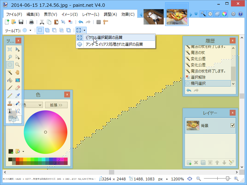 アンチエイリアス処理された選択を無効化した状態