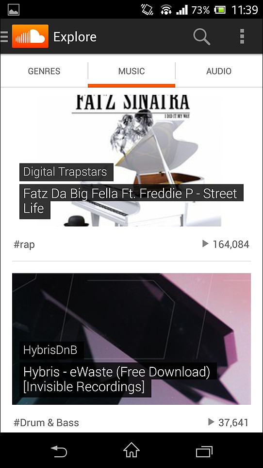 “Explore”画面では、初期設定で選択したジャンルの楽曲などを一覧できる