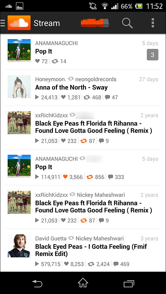 “Stream”画面では、フォローしたユーザーが共有した楽曲がタイムライン状に表示される