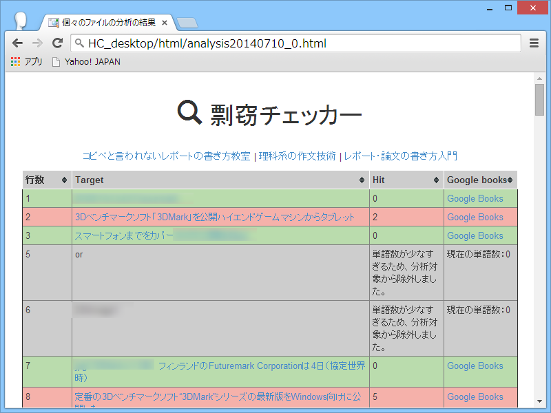 剽窃チェックの結果画面