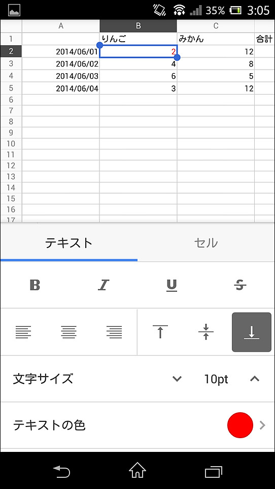 画面上部のメニューバーの［A］ボタンのメニューから、テキストの装飾やセルの書式設定を行える