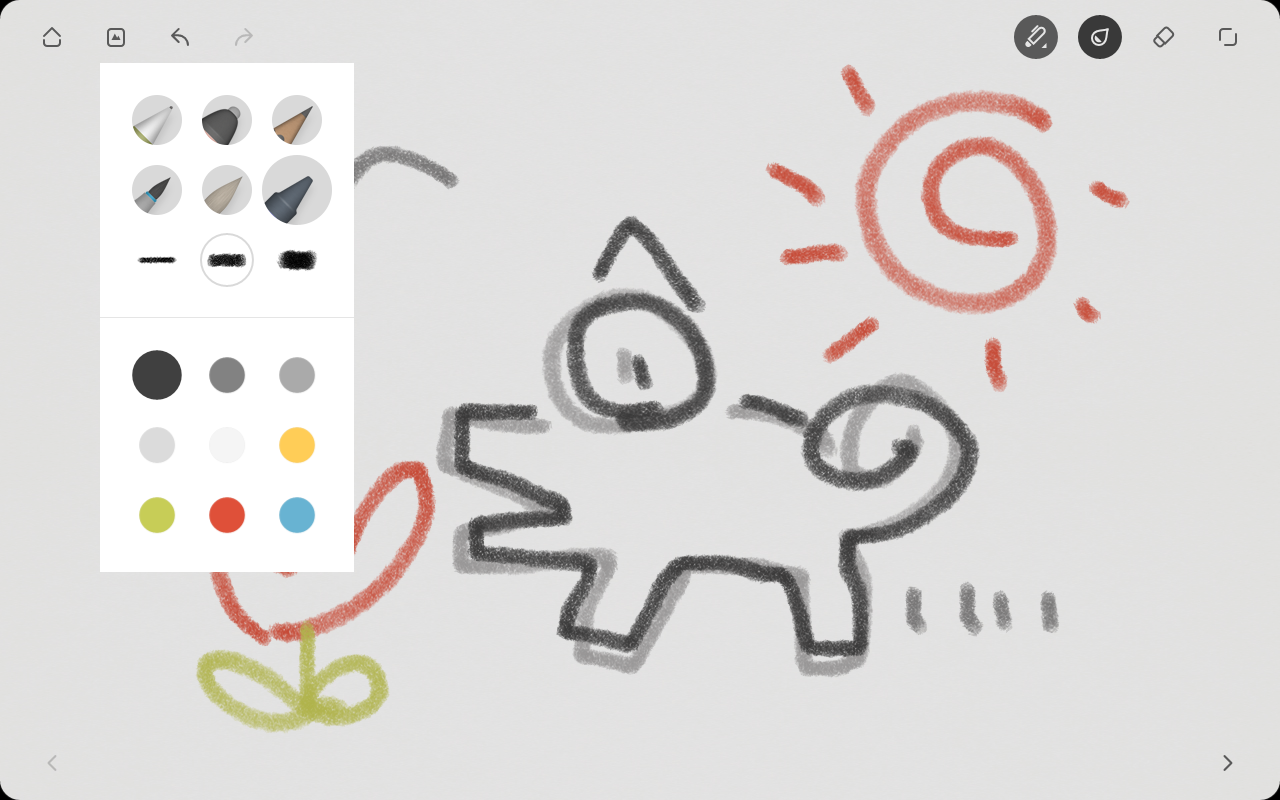 ペンは6種類用意。画面をタップ＆ホールドすることでペンとカラーを選択するパレットを呼び出せる