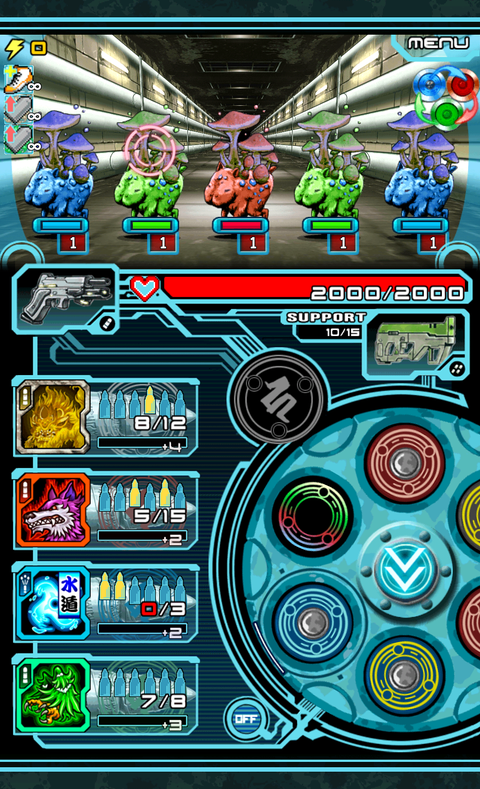 さまざまな属性の敵が入り交じるパズルのような局面も。最初に狙う敵と、弾を篭める順番がポイント