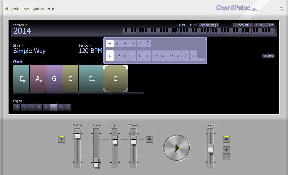 ポップアップから和音とキーを選択してコードを入力