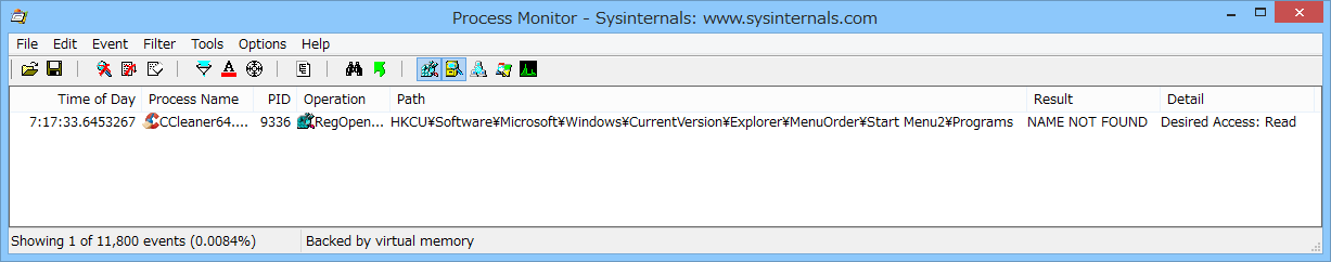「Process Monitor」による検証では、“～MenuOrder\Start Menu2\Programs”キーへのアクセスを確認。推測だがバイナリ値“Order”の削除を目的としているのだろう