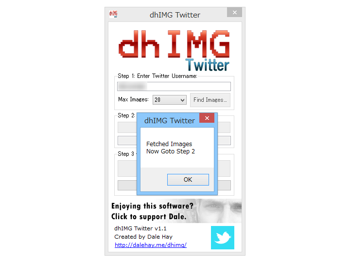 スクリーンネームと取得する画像の最大数を指定。ダイアログが表示されるまでしばらく待つ
