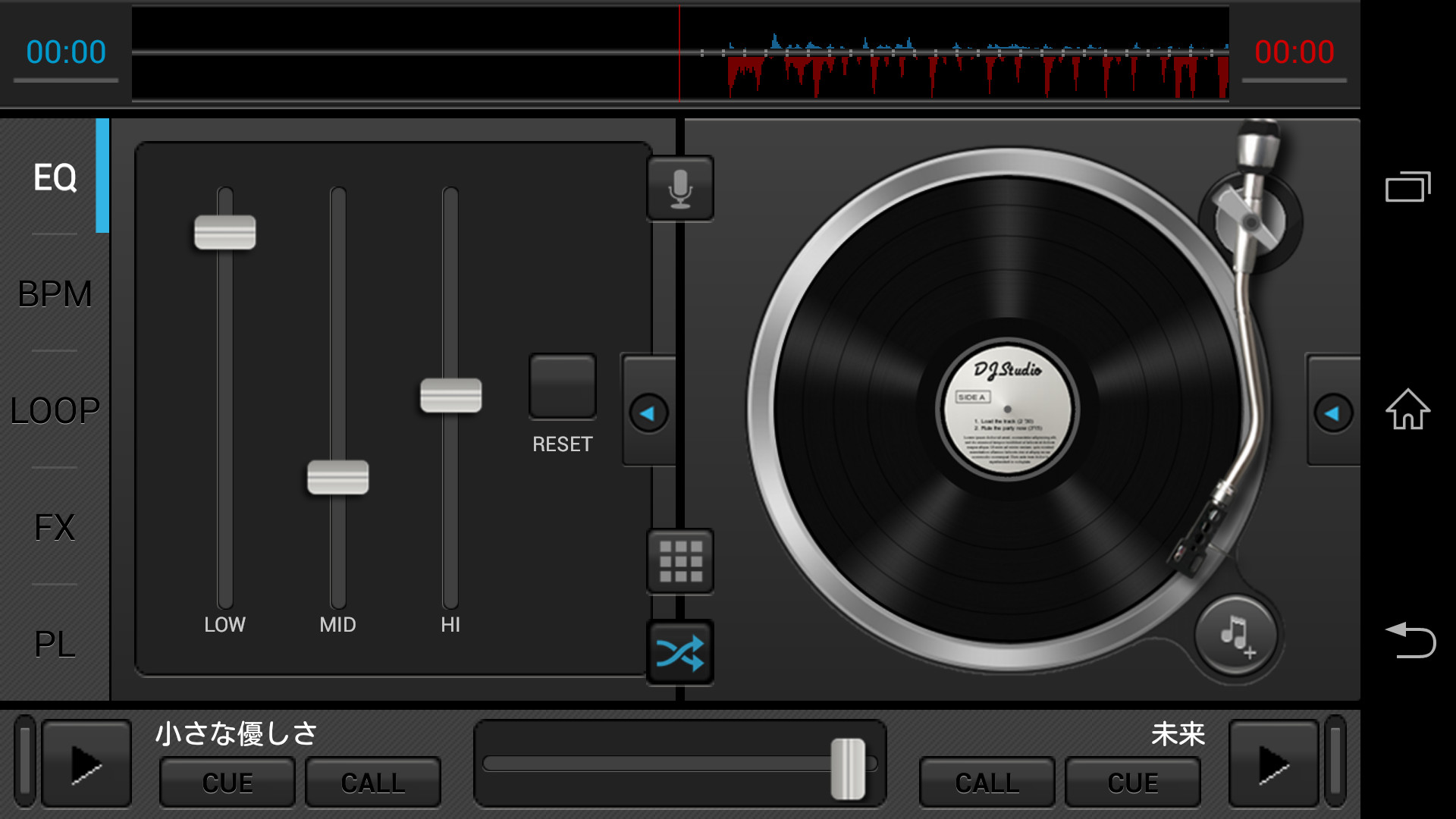 ミキサー画面の［EQ］タブでは、イコライザーで音質の調整が可能