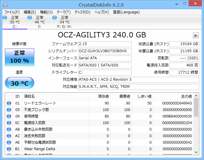 「CrystalDiskInfo」v6.2.0
