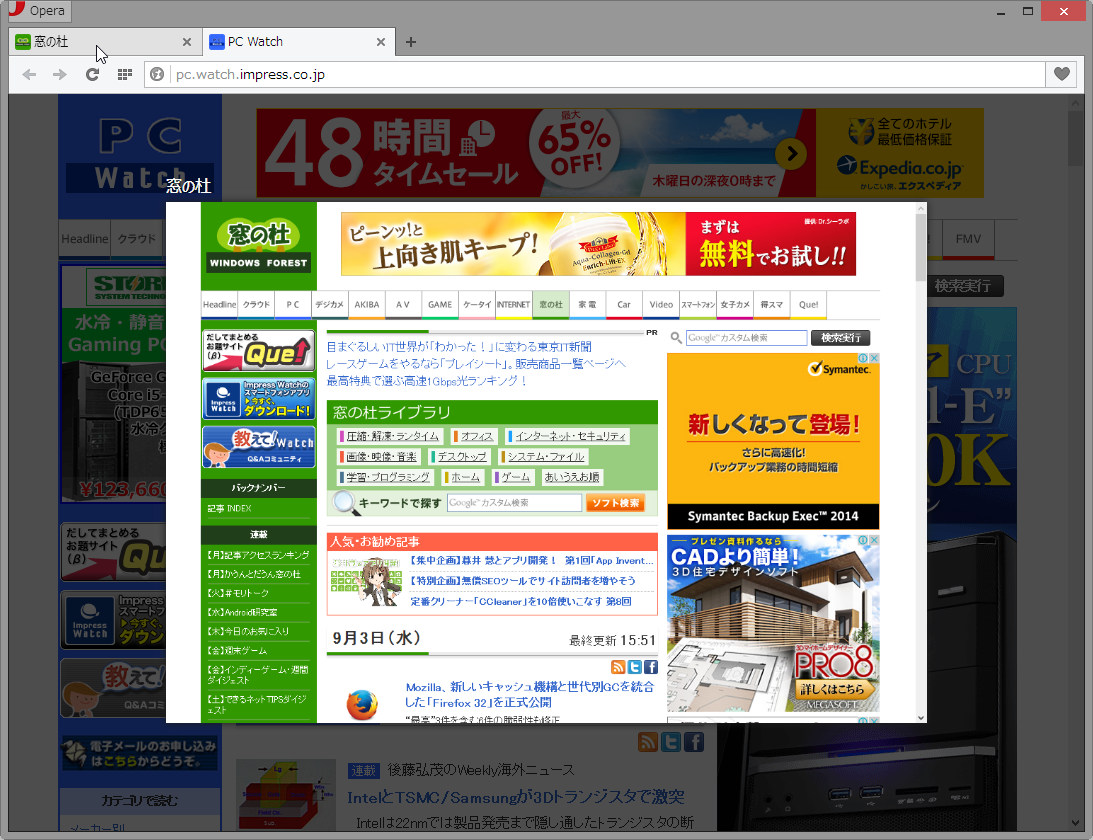 マウスカーソルを重ねられたタブの内容がプレビューされる