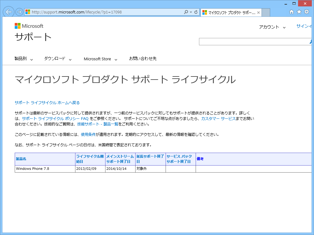「Windows Phone 7.8」のメインストリームサポート終了日は10月14日