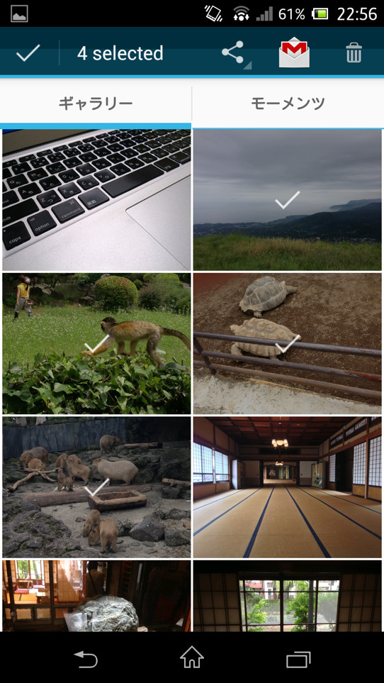複数の画像を同時選択し、削除やメール共有などを行える