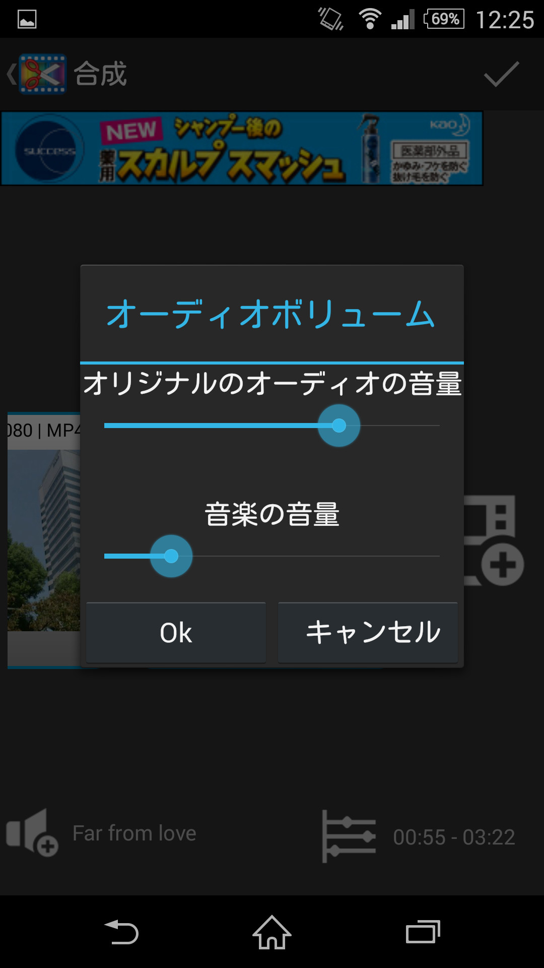 動画の元の音声と楽曲の各音量を調整することが可能