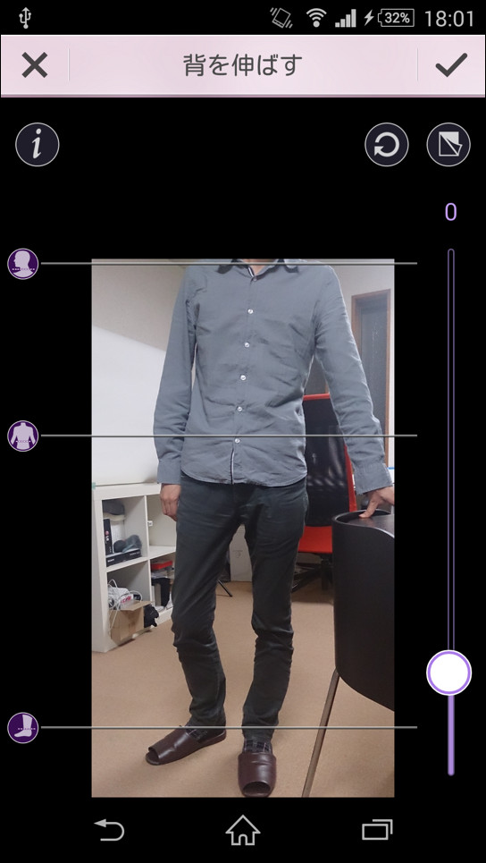 画面に表示される3本のバーを首・腰・足首の位置に合わせる