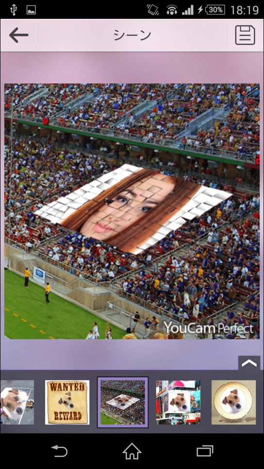 テンプレートを選択し、端末内の写真を合成したユニークな画像を作成できる