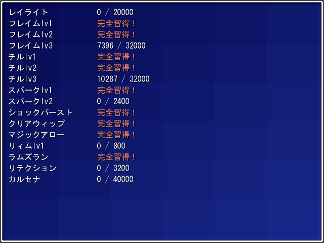 魔法の習得度はメニュー画面から確認可能