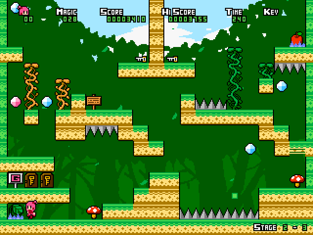 ギミックアイテムは4種類。魔法を当てることでアイテムが変化する（画面左下）