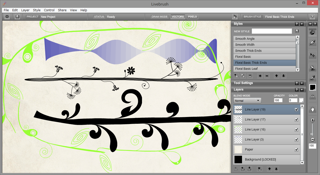 ブラシの設定だけでこうした複雑な模様を描くことができる