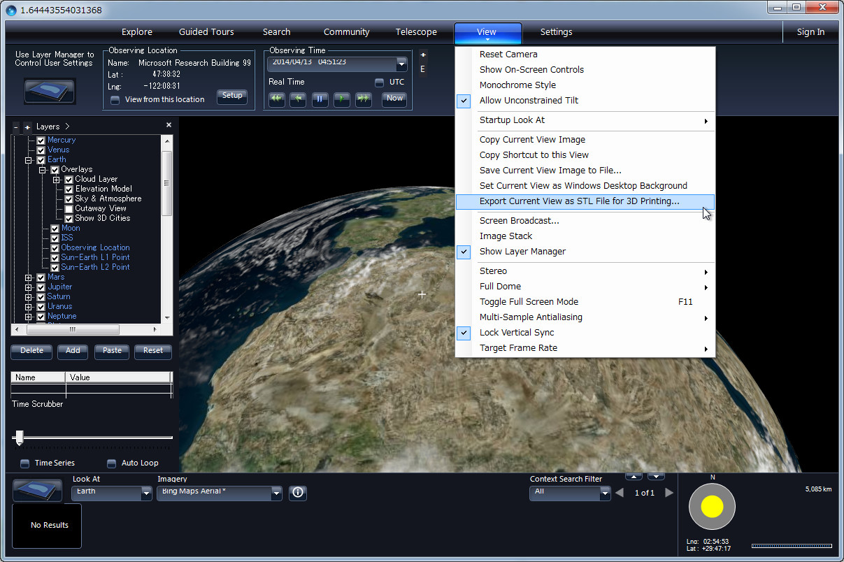 ［VIEW］ボタン下部から表示できるメニューの［Export Current View as STL File for 3D Printing...］項目