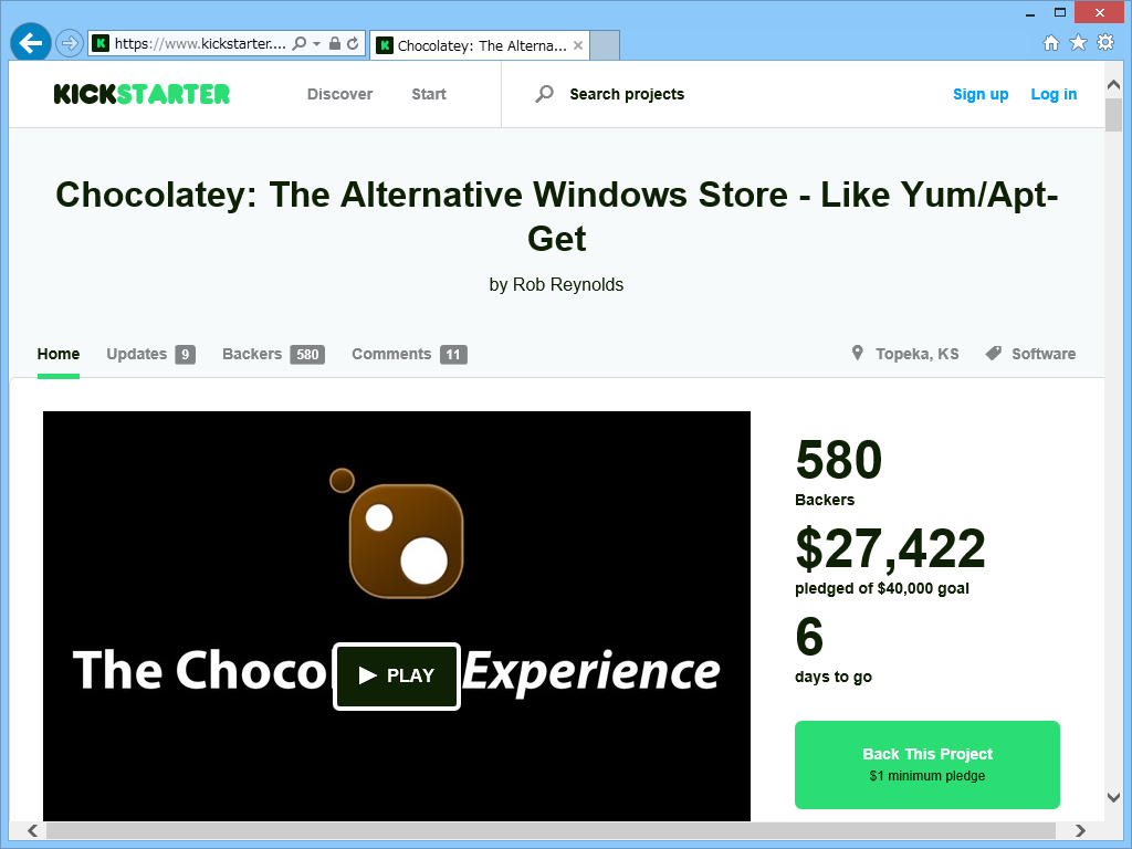 “Kickstarter”に設けられた「Chocolatey」の資金調達プロジェクトのページ