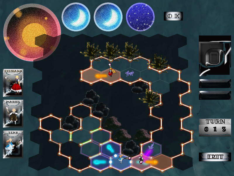 3つの味方ユニットの行動を選ぶと、敵味方が一斉に動く。うまく打線による囲いの中に敵を誘導して倒していく