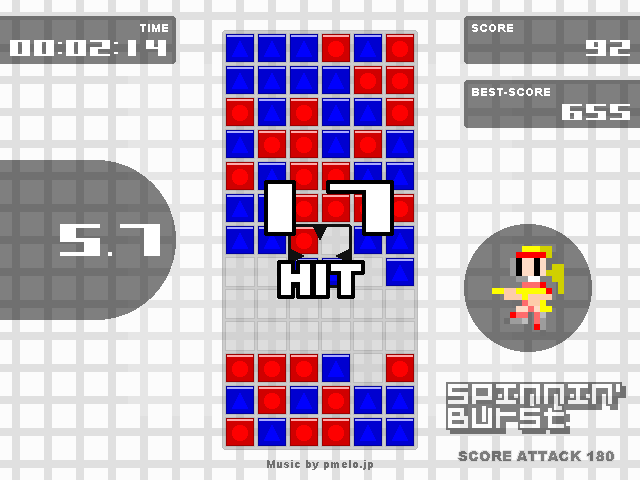ブロックをクルクル回して動かし、横一列を同じ色にしていく。最初の列が消えるまでに、さらに多くのブロックを揃えていくスピード感が魅力