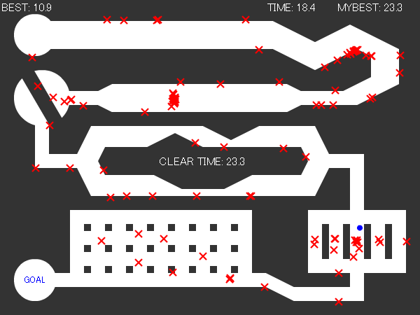 ゲーム開始直後から赤い×印がコースに並んでいる。特に固まっている場所には何かあると思ってプレイするといい