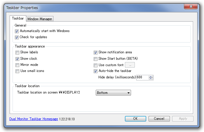 「Dual Monitor Taskbar」v1.22.021813