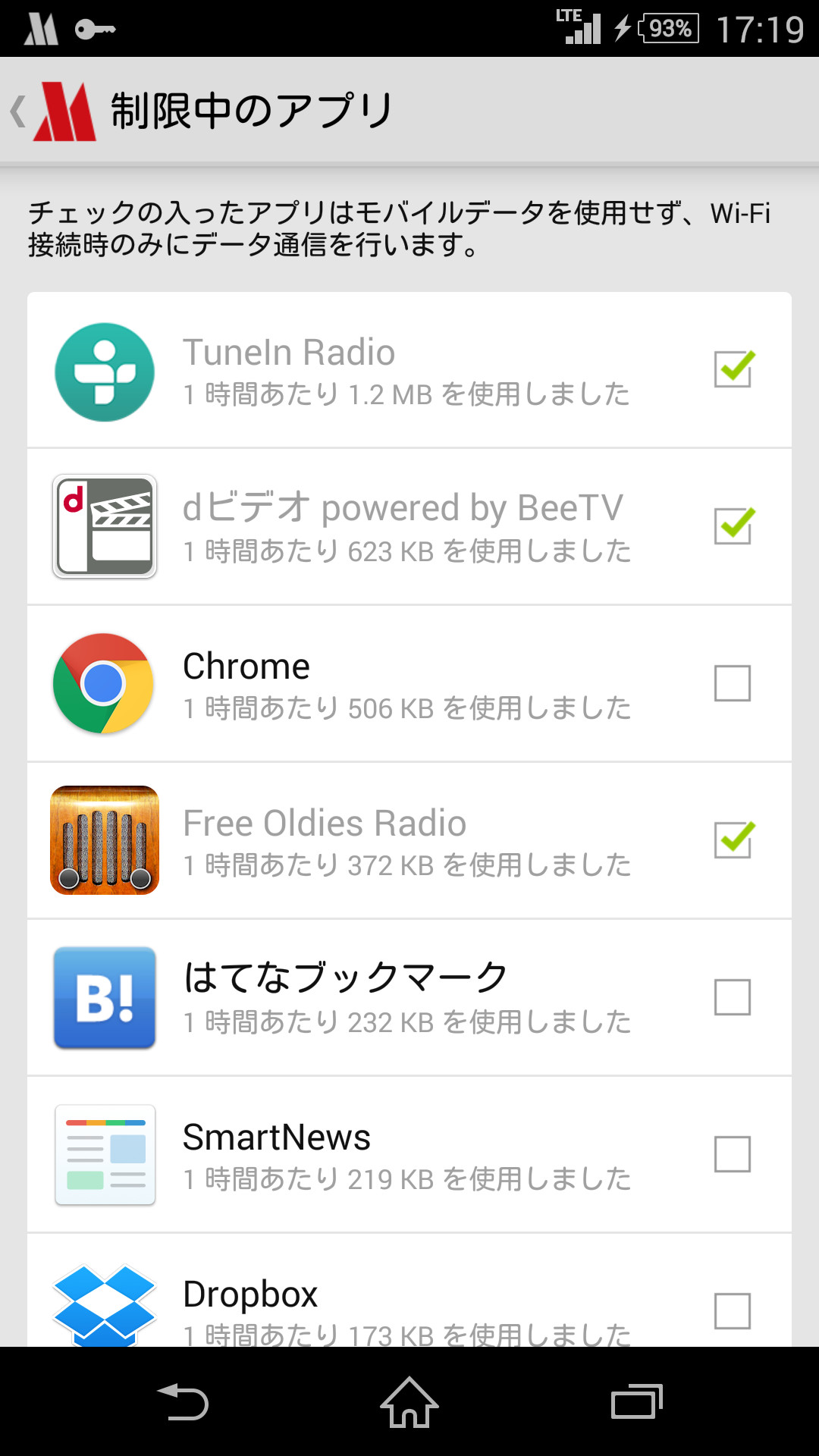 Wi-Fiのみで通信させたいアプリを一覧画面で設定することも可能