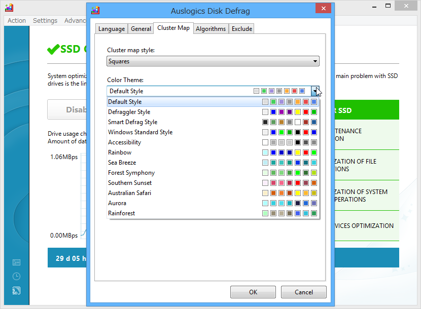 ディスクの断片化状況を表すマップ画面のカラーパターンがいくつか見直された