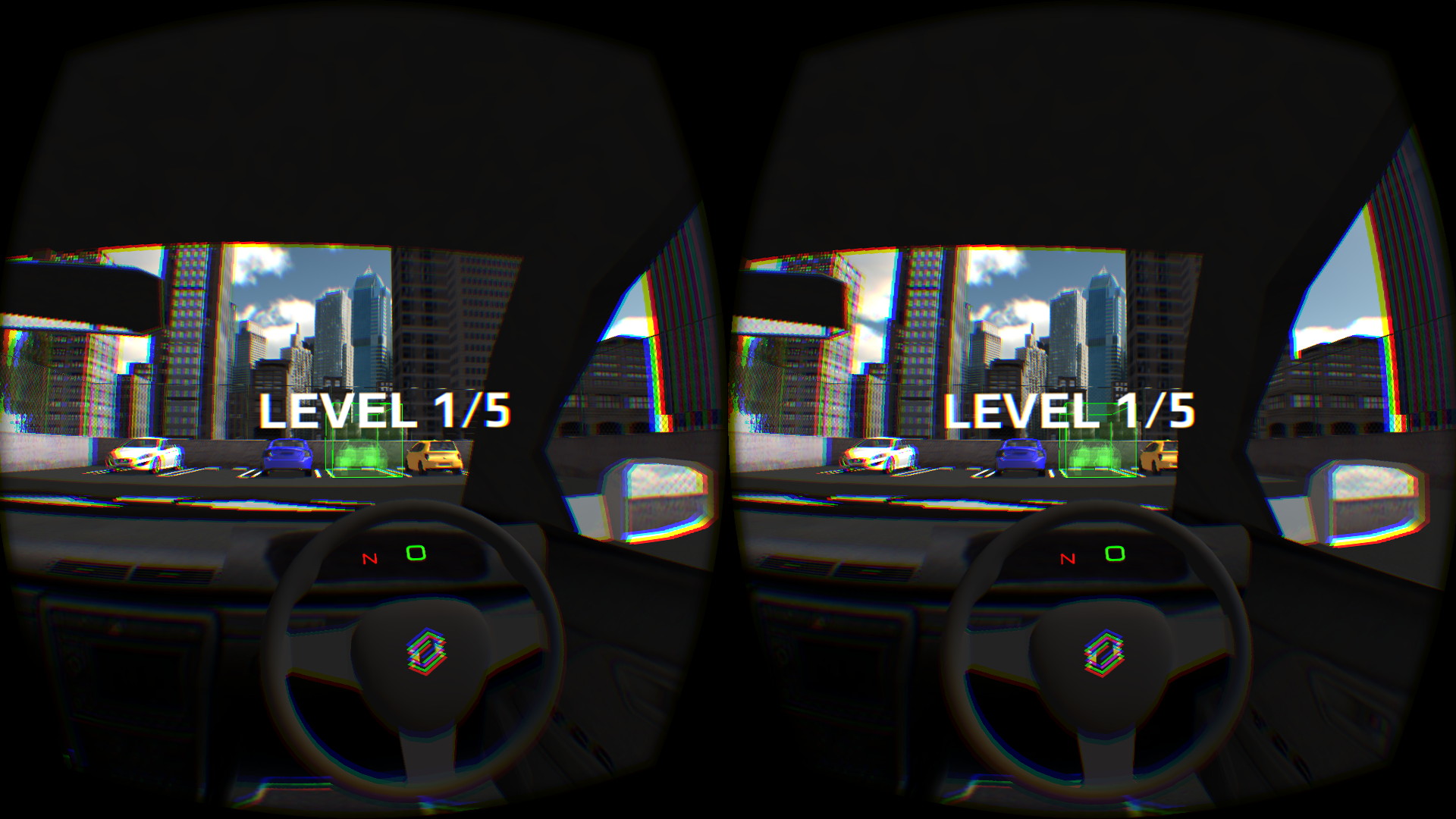 「3D駐車シミュレーター」。運転席に座っているドライバーになって緑色の駐車スペースに上手く駐車しよう