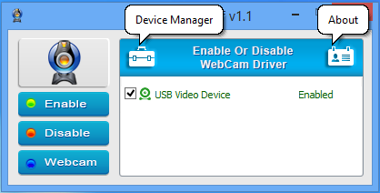 Webカメラを有効化した状態。鞄アイコンのボタンを押せば、「デバイス マネージャー」へアクセスできる（作者サイトより引用）