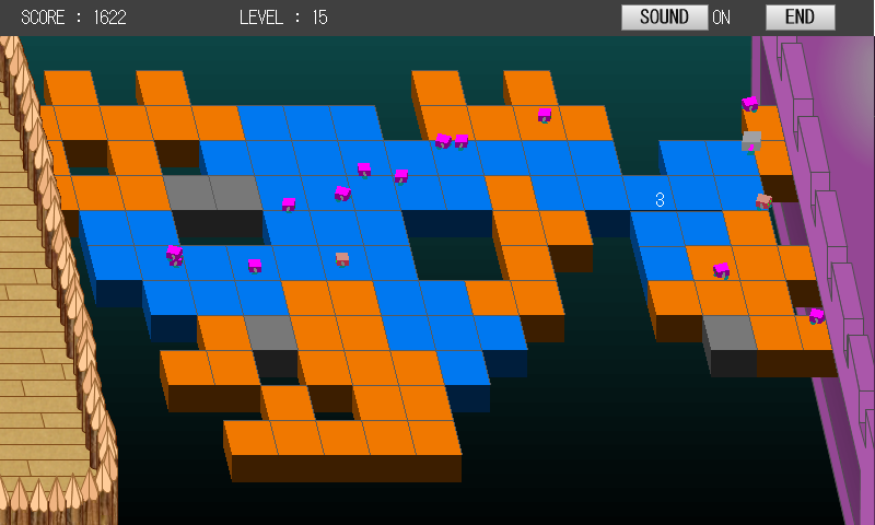 どんどん伸びてくる橋の中から、色の違いをヒントに3個単位のブロックを割り出し、削り落としていく。まとめて落とすと気分爽快