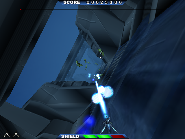 強制スクロールの3Dフィールドを進んでいく。移動範囲が円形に制限されているため、見た目は3Dだが手触りは2Dっぽくもある