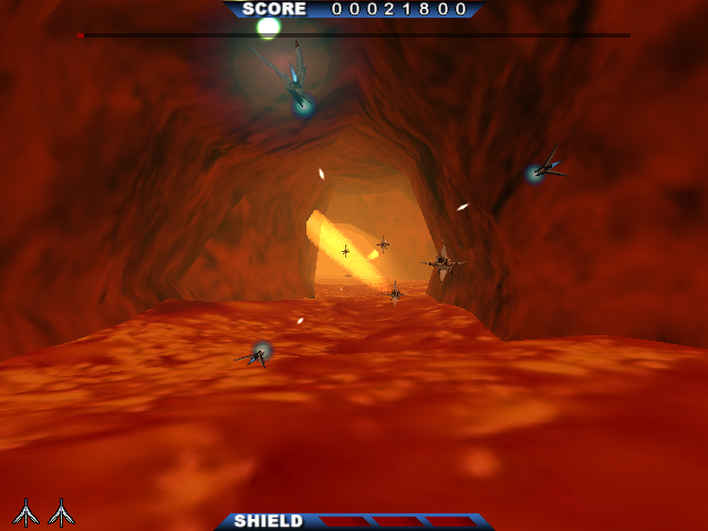 強制スクロールの3Dフィールドを進んでいく。移動範囲が円形に制限されているため、見た目は3Dだが手触りは2Dっぽくもある