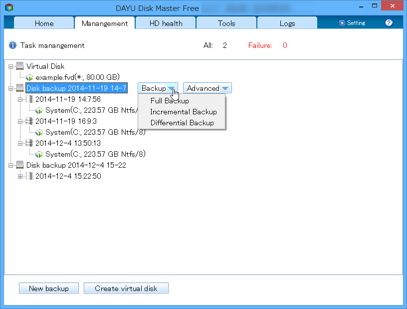 ［Management］タブで作成したバックアップイメージの管理。3つのバックアップ方法が選択可能で、マウントすることもできる