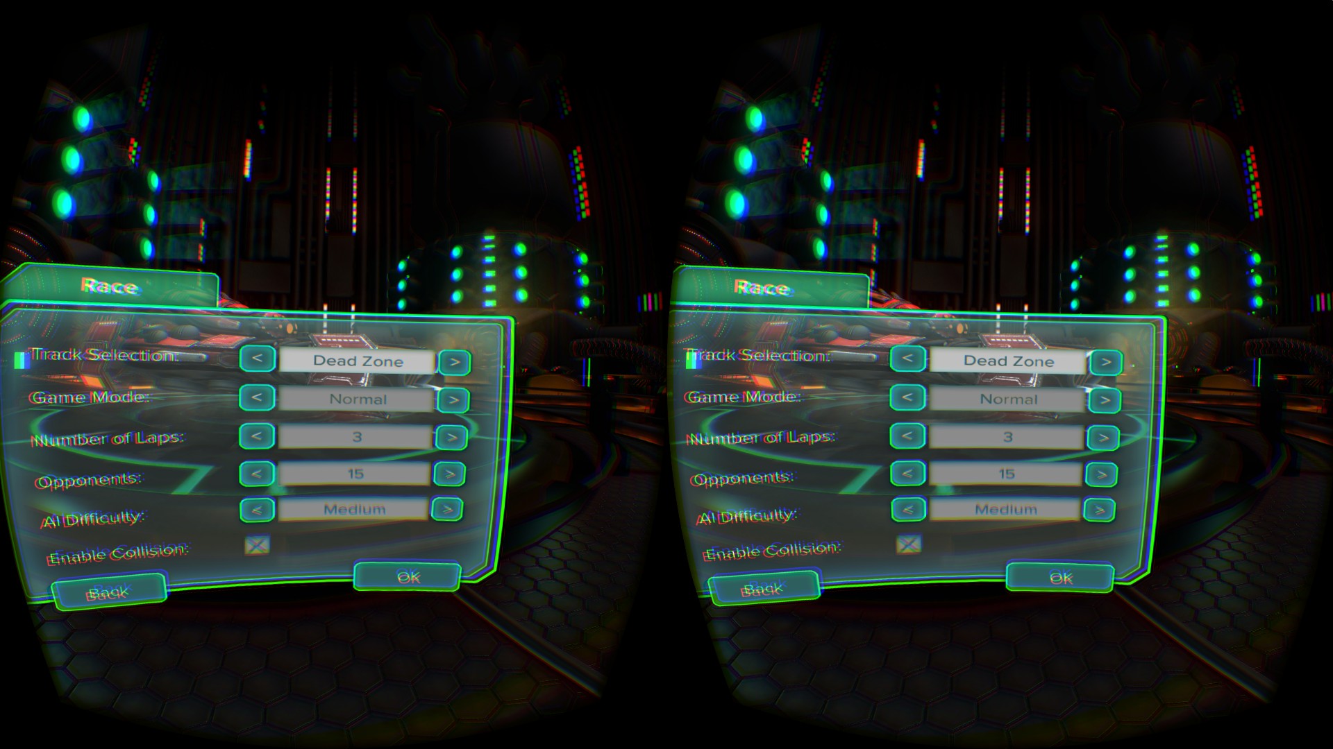 設定は上から、コース選択、勝利条件（初期設定は先着）、ラップ数、敵の数、敵の強さ、敵との衝突の有無