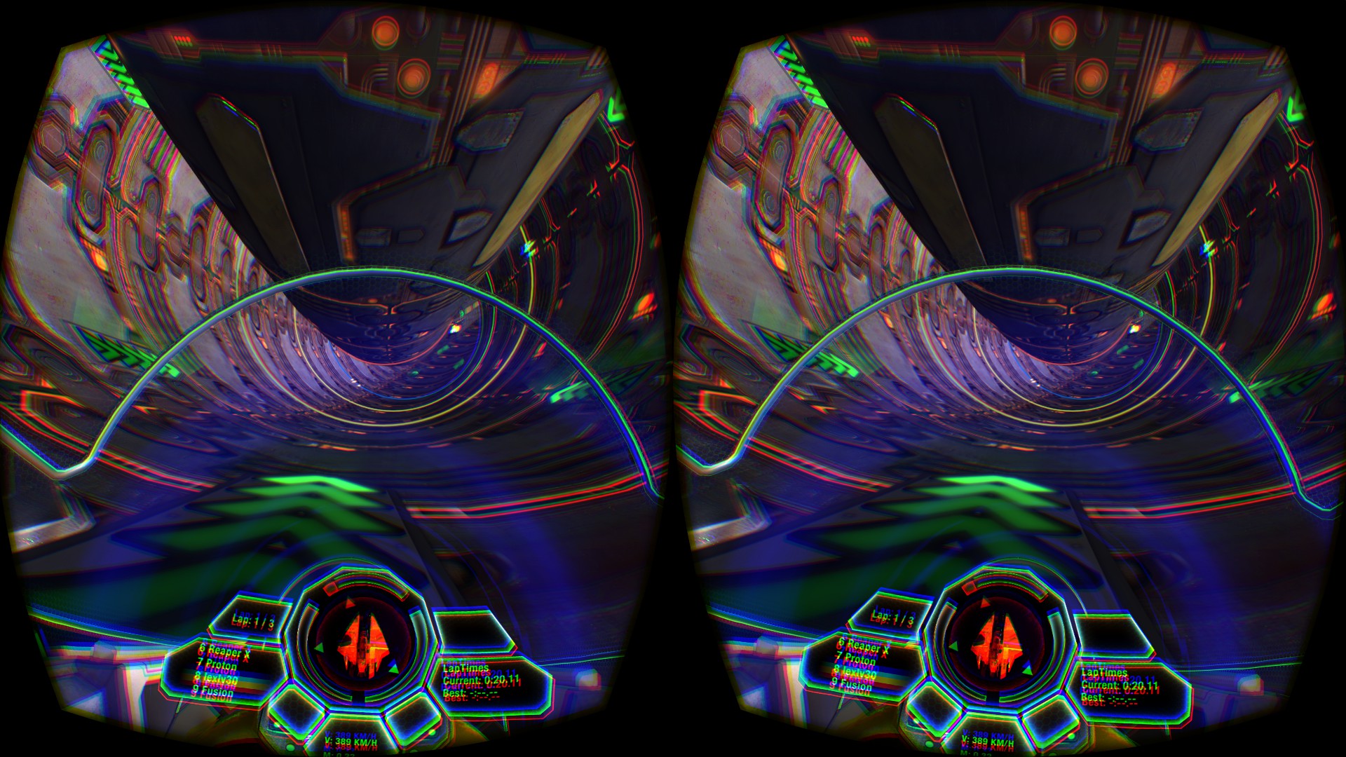 緑色の床は加速床。そのほか赤い光は自機がダメージを受ける。水色の光はブースト用燃料の回復だ