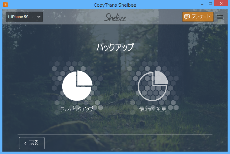 バックアップでは［フルバックアップ］と［最新の変更］ボタンが選択可能