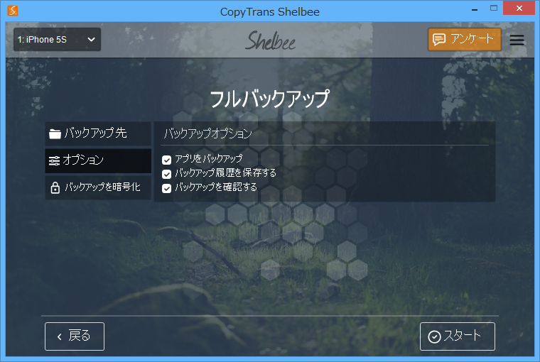 バックアップ処理の際は、バックアップ先やバックアップする項目などが指定可能