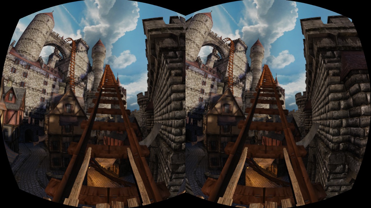 DK1時代の定番「RiftCoaster」。カラカラと高い所に上がっていき、一気に落ちる感覚。急カーブや、周囲の中世風の雰囲気などとにかく体験した人に『Oculus Riftはヤバい』と思わせ続けてきたコンテンツだ