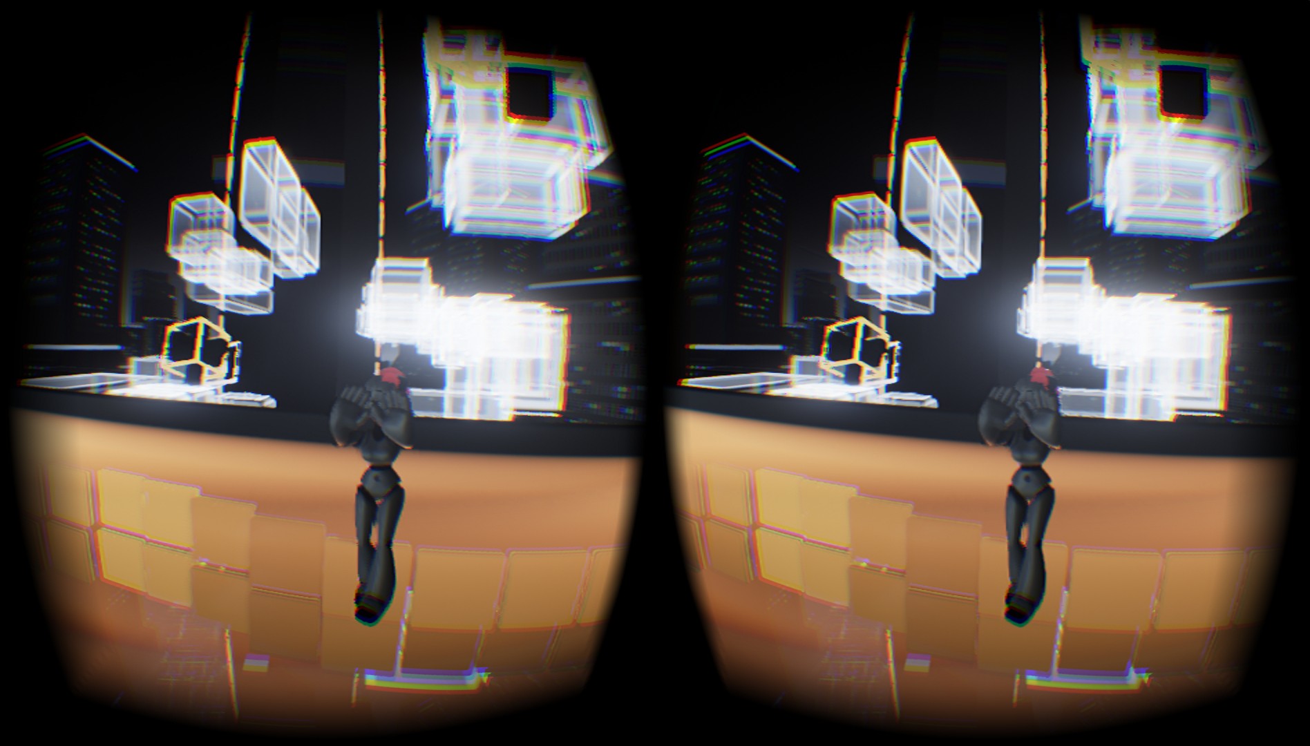 街のシーン。音楽の局面に合わせてライトアップ