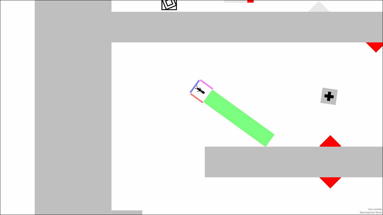 四角いプレイヤーキャラクターから4本の棒を伸ばして動く。シンプルながら簡単にはいかないパズルアクションだ